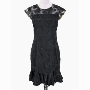 H Halston Dress Womens 8 Black Mesh Embroidered Side Zip Lined Ruffle Hem Party